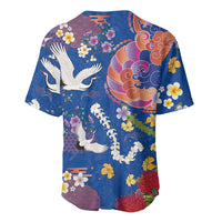 Hawaiian and Japanese Culture Together Baseball Jersey Kakau Tribal Pattern and Irezumi Art Blue Color