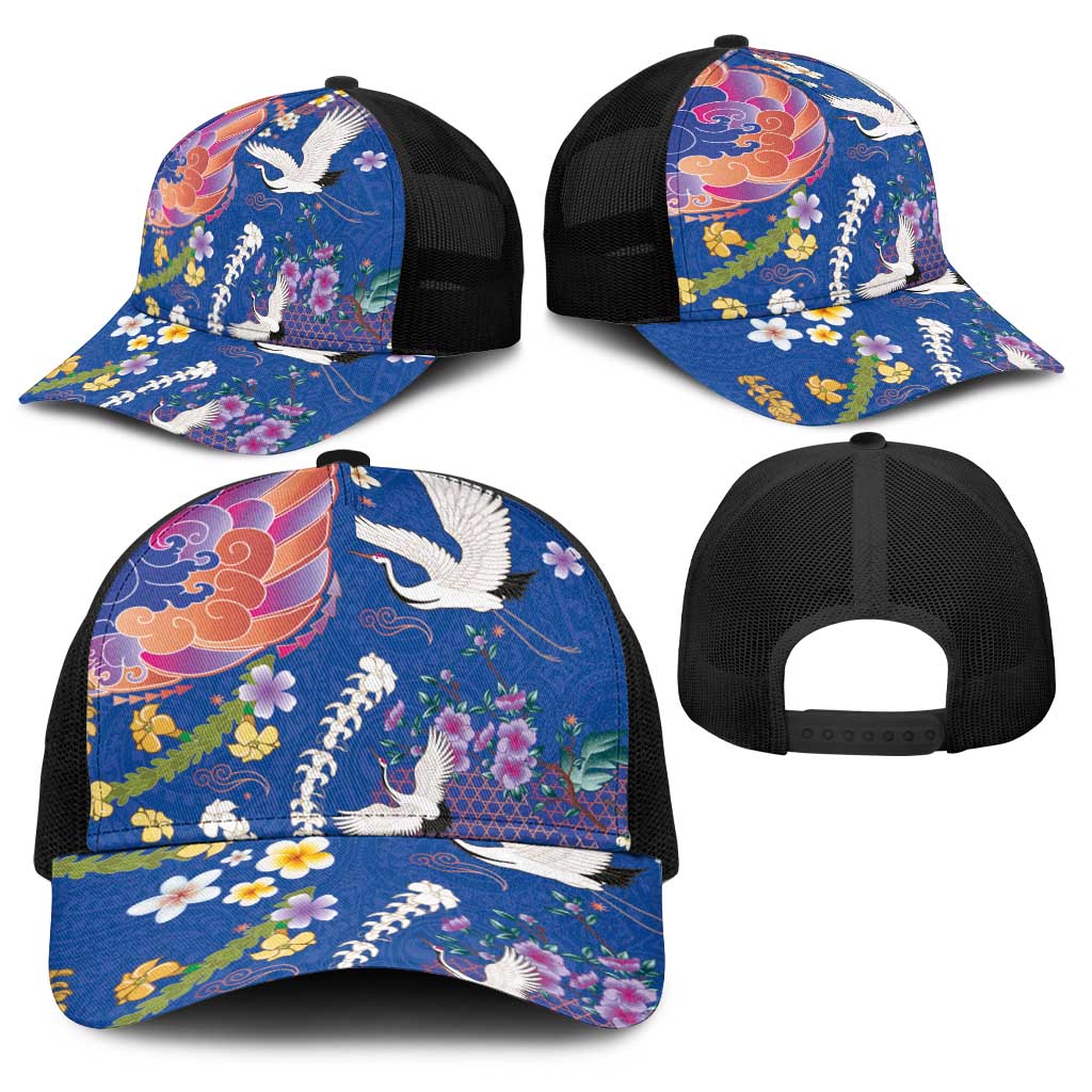 Hawaiian and Japanese Culture Together Baseball Net Cap Kakau Tribal Pattern and Irezumi Art Blue Color LT03 - Polynesian Pride
