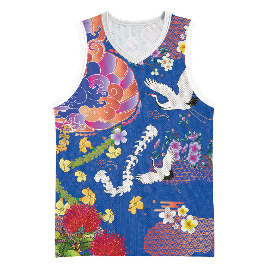 Hawaiian and Japanese Culture Together Basketball Jersey Kakau Tribal Pattern and Irezumi Art Blue Color LT03 Unisex Blue - Polynesian Pride