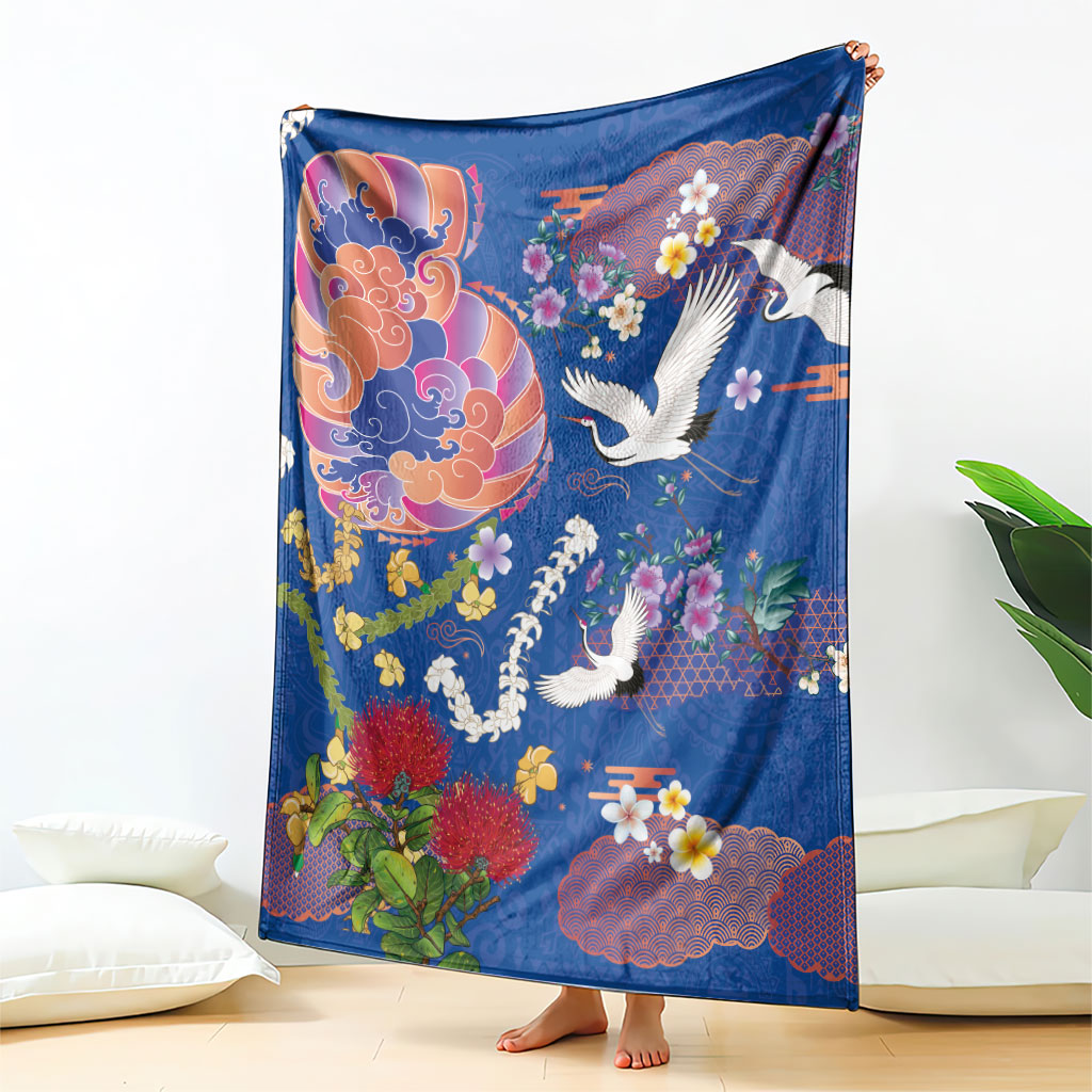 Hawaiian and Japanese Culture Together Blanket Kakau Tribal Pattern and Irezumi Art Blue Color LT03 - Polynesian Pride