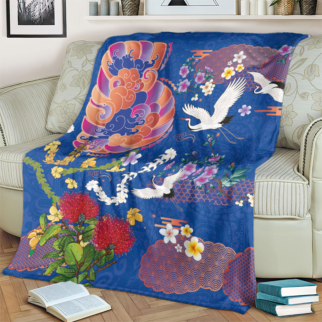 Hawaiian and Japanese Culture Together Blanket Kakau Tribal Pattern and Irezumi Art Blue Color LT03 - Polynesian Pride