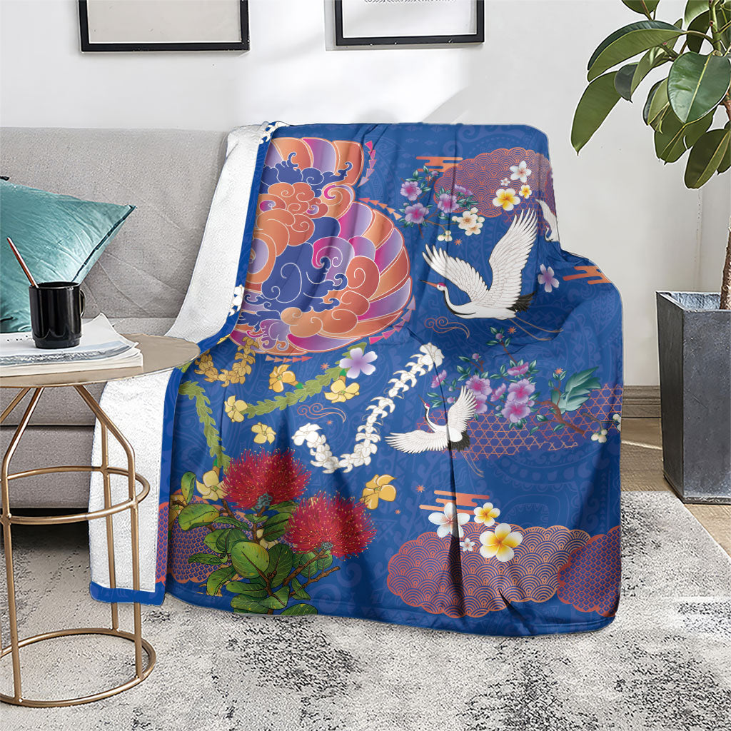 Hawaiian and Japanese Culture Together Blanket Kakau Tribal Pattern and Irezumi Art Blue Color LT03 - Polynesian Pride