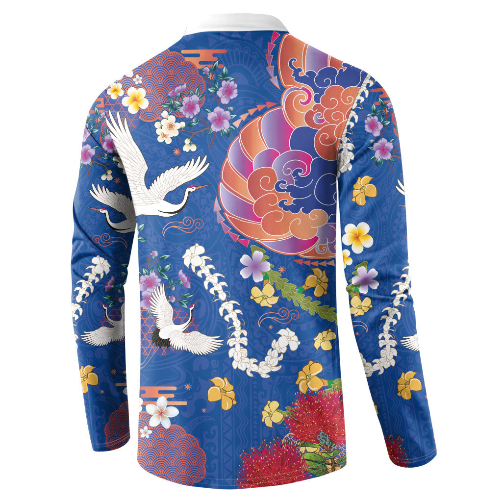 Hawaiian and Japanese Culture Together Button Sweatshirt Kakau Tribal Pattern and Irezumi Art Blue Color