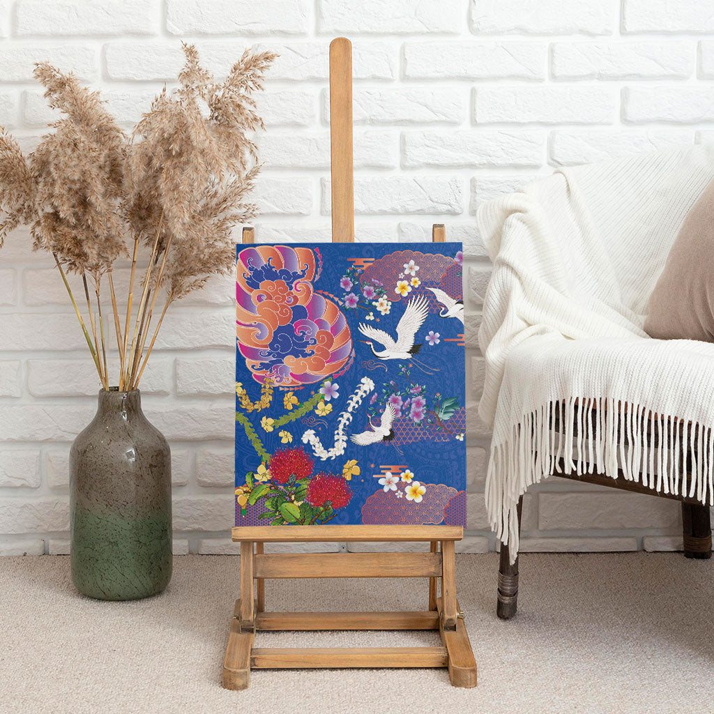 Hawaiian and Japanese Culture Together Canvas Wall Art Kakau Tribal Pattern and Irezumi Art Blue Color LT03 - Polynesian Pride
