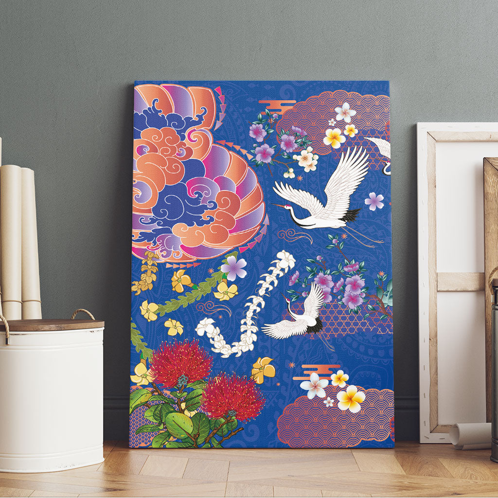 Hawaiian and Japanese Culture Together Canvas Wall Art Kakau Tribal Pattern and Irezumi Art Blue Color LT03 - Polynesian Pride