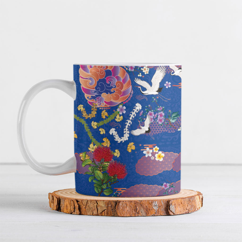 Hawaiian and Japanese Culture Together Ceramic Mug Kakau Tribal Pattern and Irezumi Art Blue Color LT03 Blue - Polynesian Pride