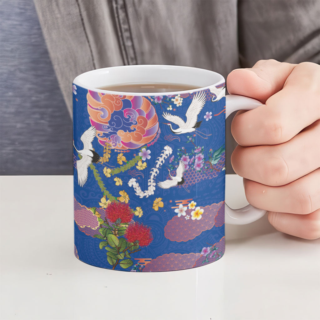 Hawaiian and Japanese Culture Together Ceramic Mug Kakau Tribal Pattern and Irezumi Art Blue Color LT03 - Polynesian Pride