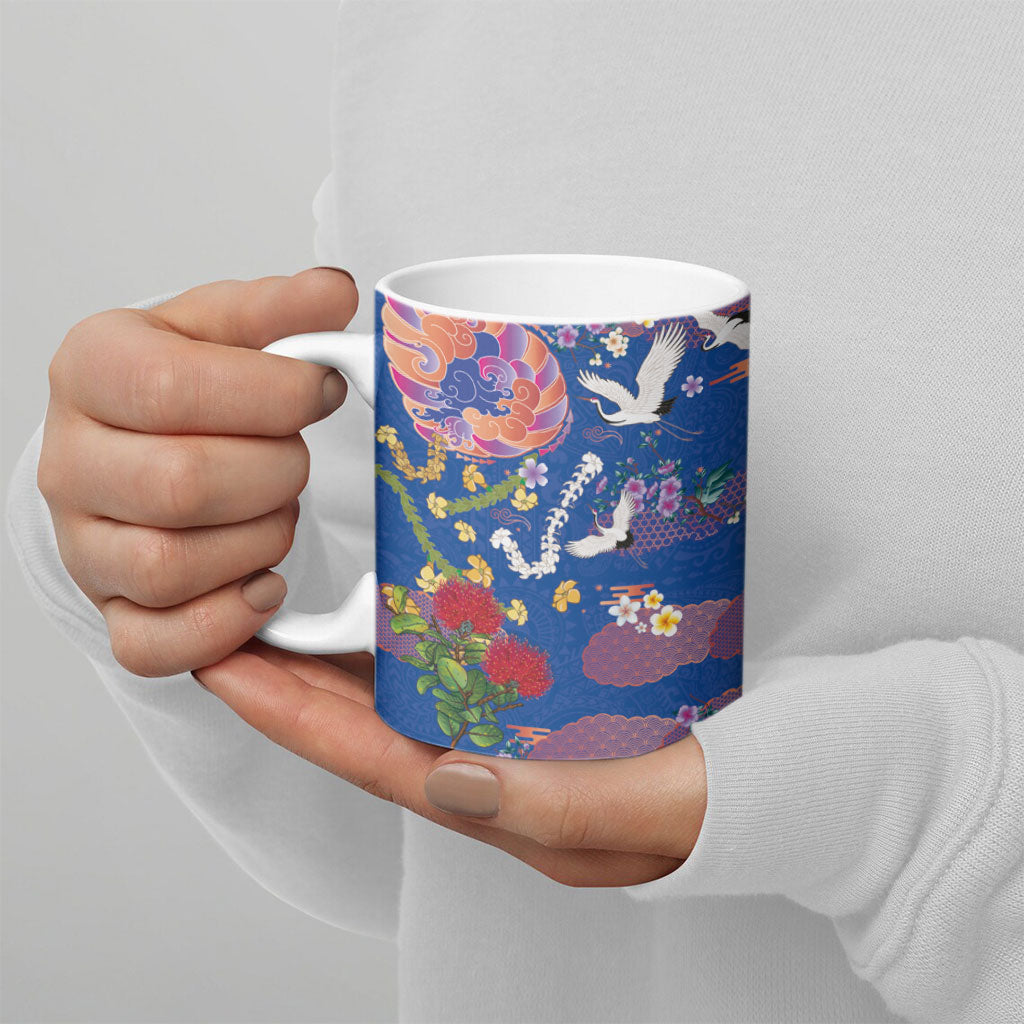 Hawaiian and Japanese Culture Together Ceramic Mug Kakau Tribal Pattern and Irezumi Art Blue Color LT03 - Polynesian Pride