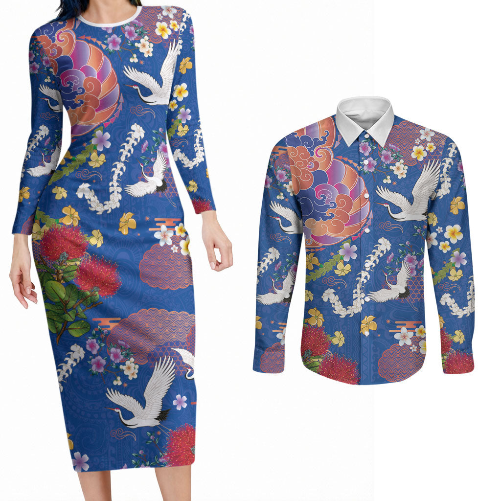 Hawaiian and Japanese Culture Together Couples Matching Long Sleeve Bodycon Dress and Long Sleeve Button Shirt Kakau Tribal Pattern and Irezumi Art Blue Color LT03 Blue - Polynesian Pride
