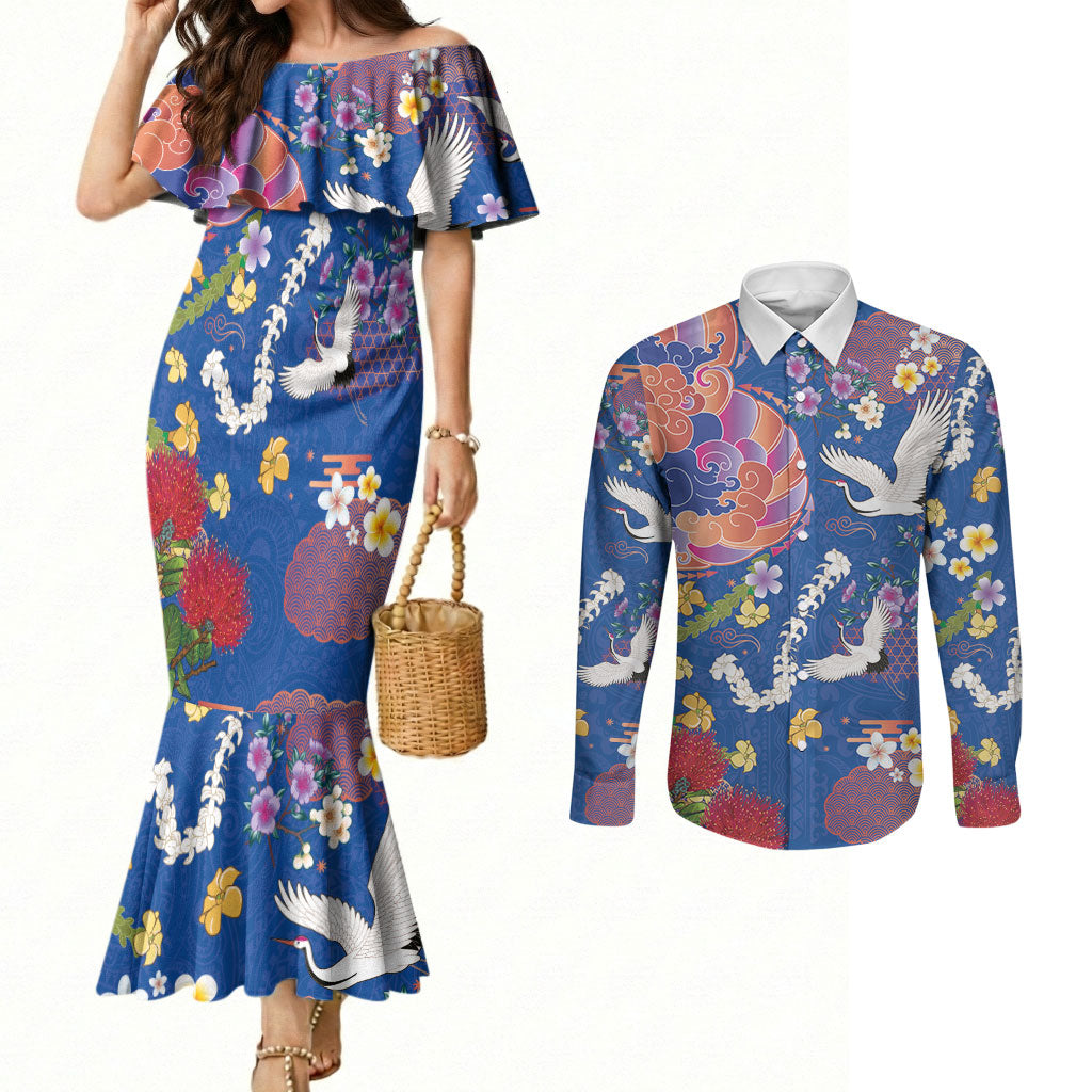Hawaiian and Japanese Culture Together Couples Matching Mermaid Dress and Long Sleeve Button Shirt Kakau Tribal Pattern and Irezumi Art Blue Color LT03 Blue - Polynesian Pride