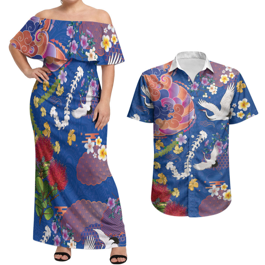 Hawaiian and Japanese Culture Together Couples Matching Off Shoulder Maxi Dress and Hawaiian Shirt Kakau Tribal Pattern and Irezumi Art Blue Color LT03 Blue - Polynesian Pride