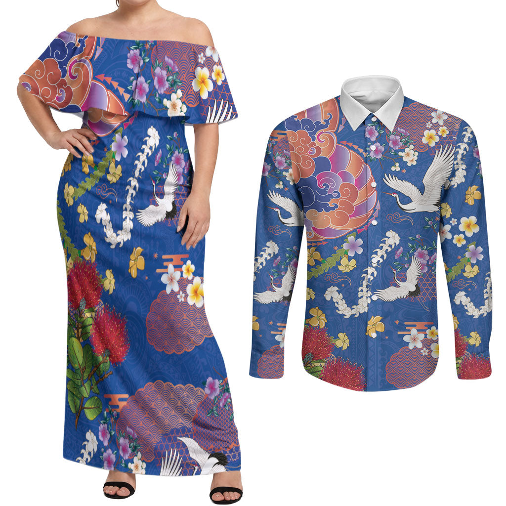 Hawaiian and Japanese Culture Together Couples Matching Off Shoulder Maxi Dress and Long Sleeve Button Shirt Kakau Tribal Pattern and Irezumi Art Blue Color LT03 Blue - Polynesian Pride