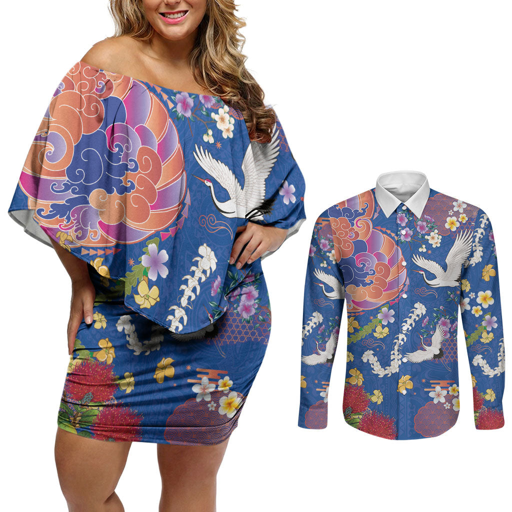 Hawaiian and Japanese Culture Together Couples Matching Off Shoulder Short Dress and Long Sleeve Button Shirt Kakau Tribal Pattern and Irezumi Art Blue Color LT03 Blue - Polynesian Pride