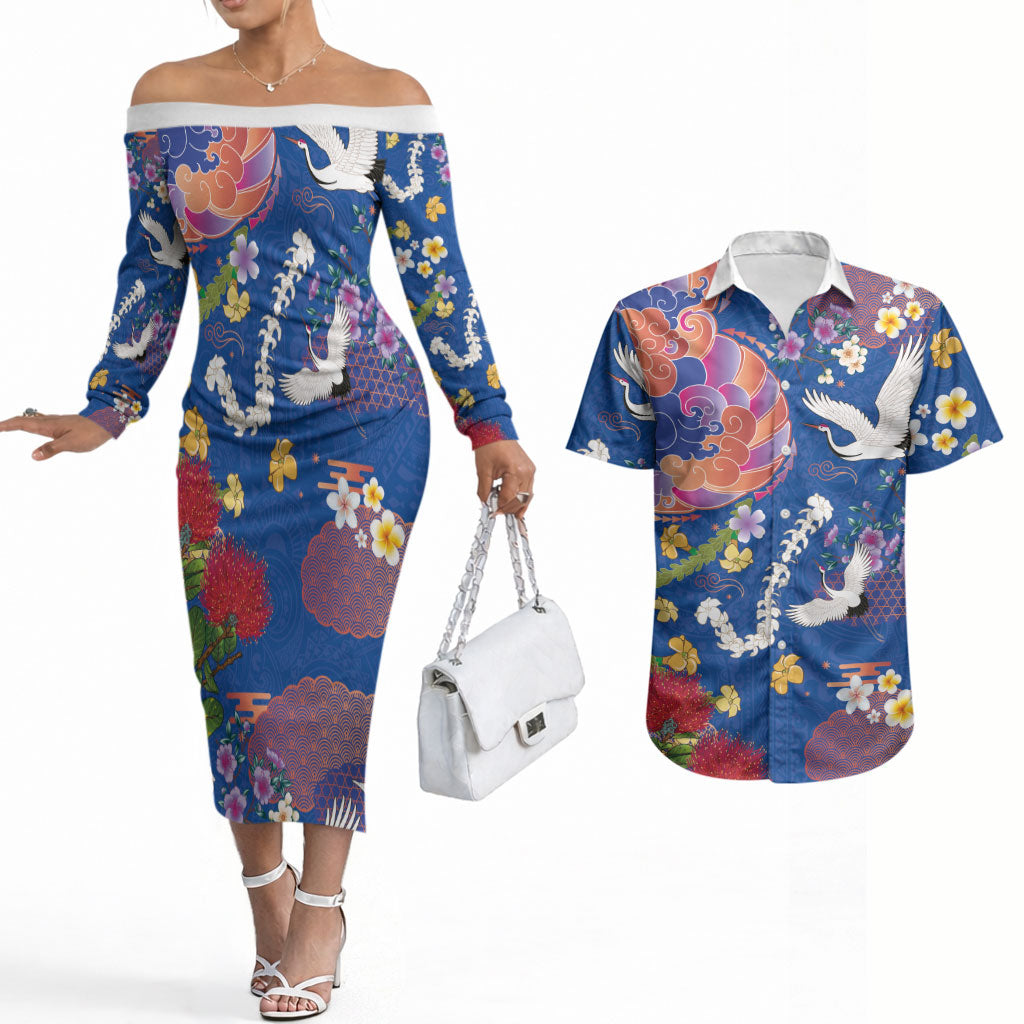 Hawaiian and Japanese Culture Together Couples Matching Off The Shoulder Long Sleeve Dress and Hawaiian Shirt Kakau Tribal Pattern and Irezumi Art Blue Color LT03 Blue - Polynesian Pride
