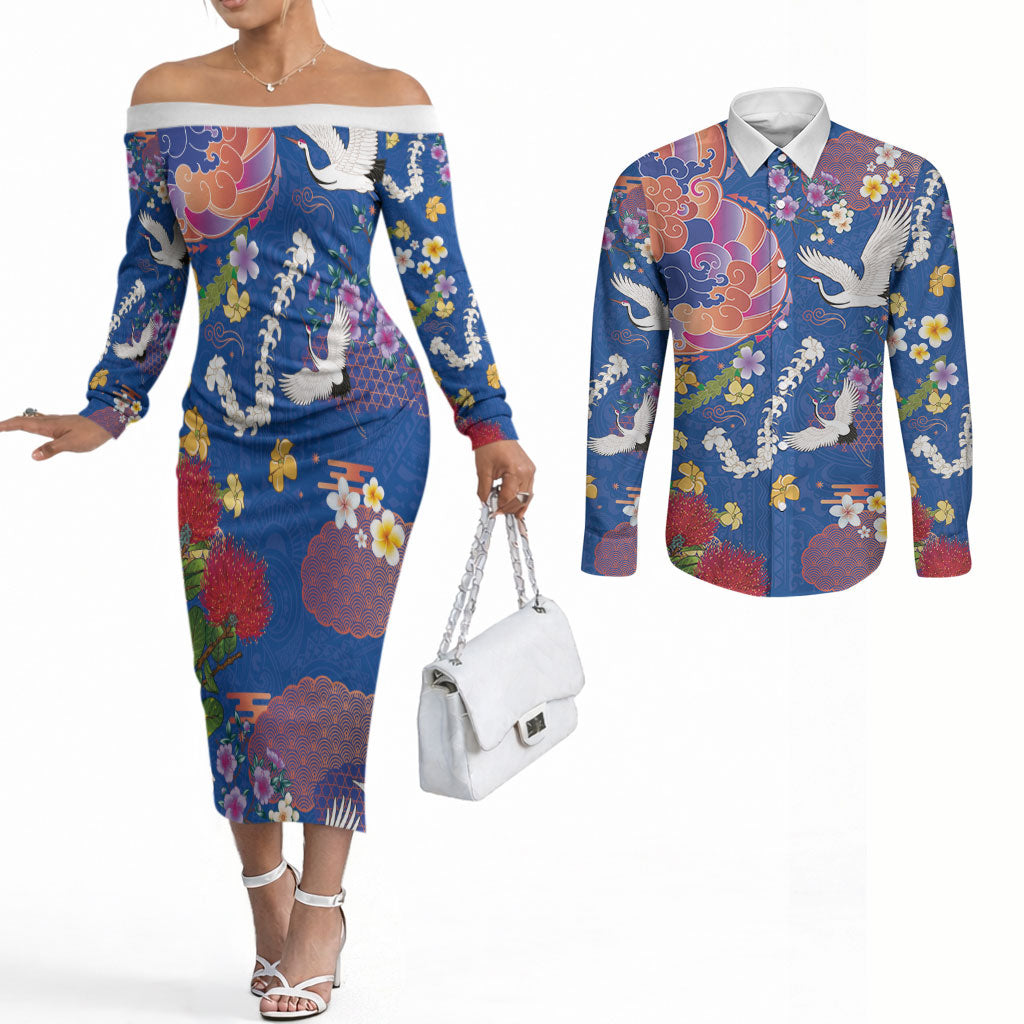 Hawaiian and Japanese Culture Together Couples Matching Off The Shoulder Long Sleeve Dress and Long Sleeve Button Shirt Kakau Tribal Pattern and Irezumi Art Blue Color LT03 Blue - Polynesian Pride