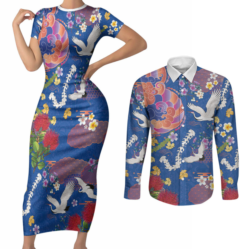 Hawaiian and Japanese Culture Together Couples Matching Short Sleeve Bodycon Dress and Long Sleeve Button Shirt Kakau Tribal Pattern and Irezumi Art Blue Color LT03 Blue - Polynesian Pride