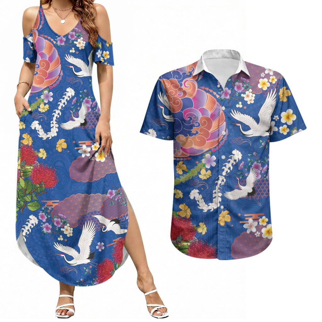 Hawaiian and Japanese Culture Together Couples Matching Summer Maxi Dress and Hawaiian Shirt Kakau Tribal Pattern and Irezumi Art Blue Color LT03 Blue - Polynesian Pride