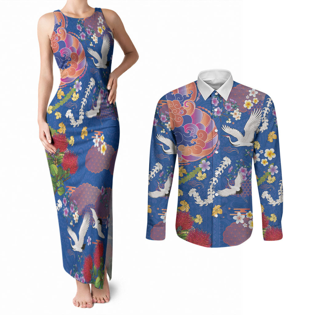 Hawaiian and Japanese Culture Together Couples Matching Tank Maxi Dress and Long Sleeve Button Shirt Kakau Tribal Pattern and Irezumi Art Blue Color LT03 Blue - Polynesian Pride