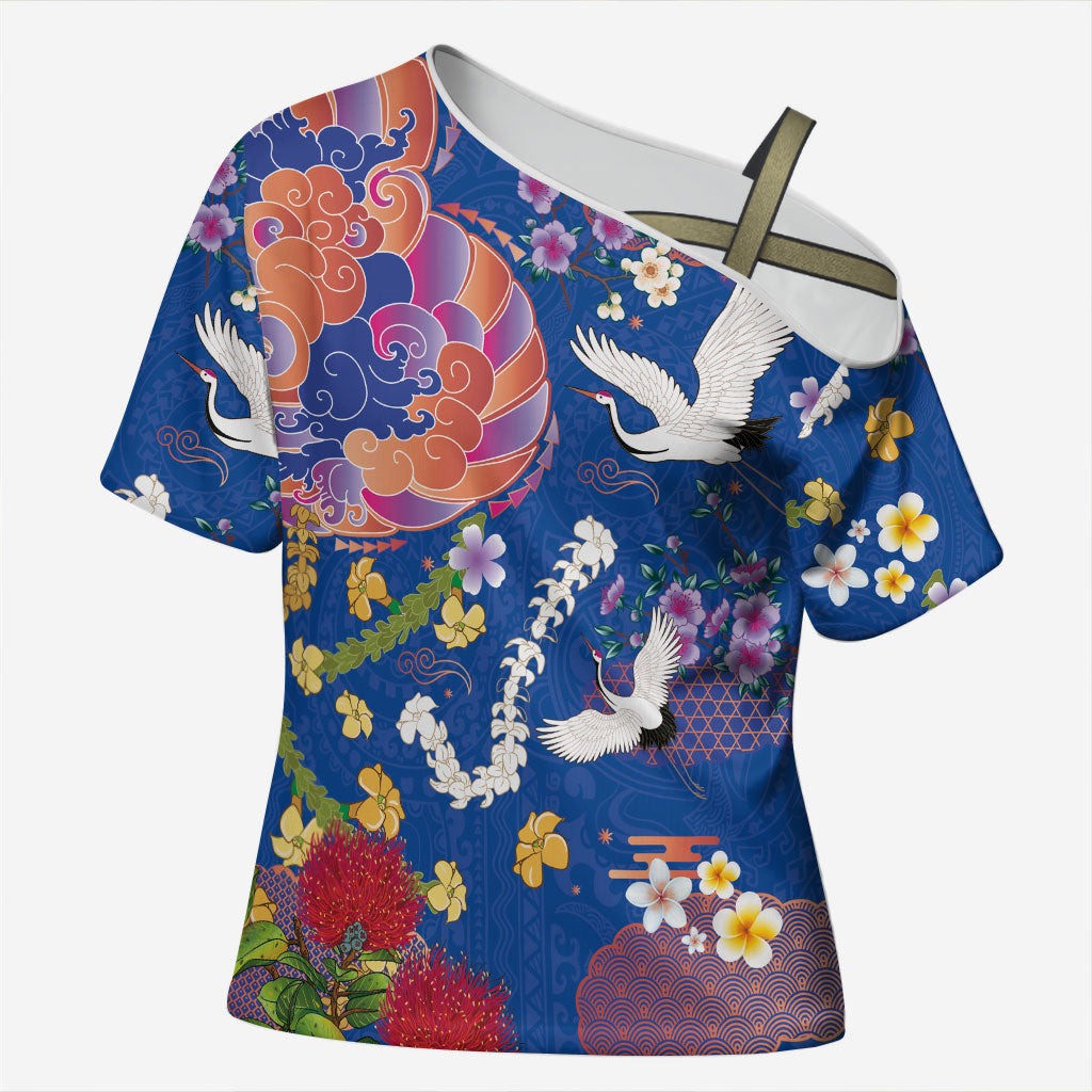 Hawaiian and Japanese Culture Together Cross Shoulder Shirt Kakau Tribal Pattern and Irezumi Art Blue Color LT03 Female Blue - Polynesian Pride