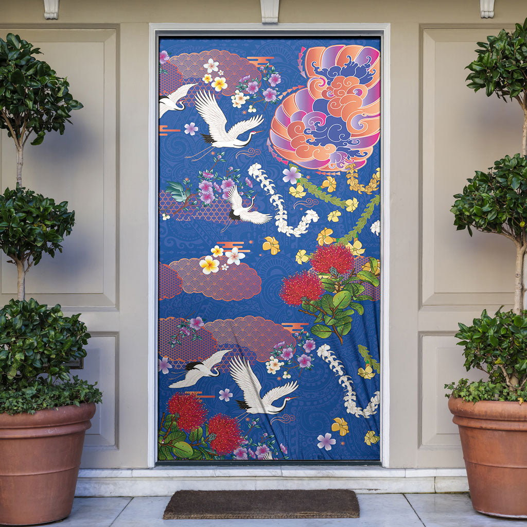 Hawaiian and Japanese Culture Together Door Cover Kakau Tribal Pattern and Irezumi Art Blue Color LT03 Blue - Polynesian Pride