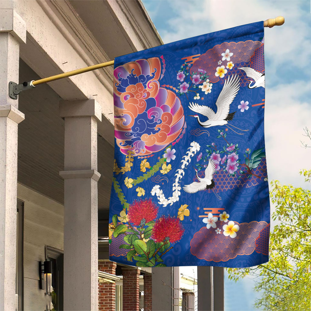 Hawaiian and Japanese Culture Together Garden Flag Kakau Tribal Pattern and Irezumi Art Blue Color LT03 House Flag Blue - Polynesian Pride