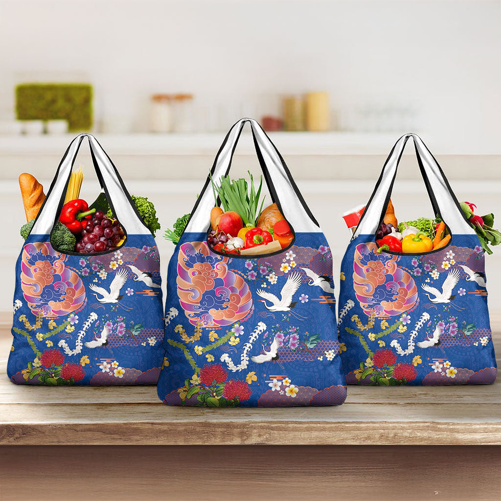 Hawaiian and Japanese Culture Together Grocery Bag Kakau Tribal Pattern and Irezumi Art Blue Color LT03 3-pack One Size Blue - Polynesian Pride