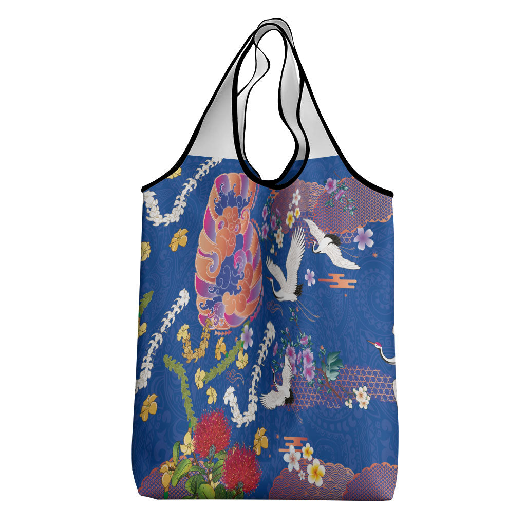 Hawaiian and Japanese Culture Together Grocery Bag Kakau Tribal Pattern and Irezumi Art Blue Color LT03 - Polynesian Pride