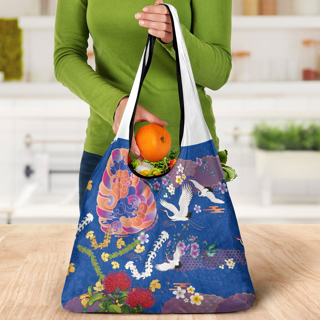 Hawaiian and Japanese Culture Together Grocery Bag Kakau Tribal Pattern and Irezumi Art Blue Color LT03 - Polynesian Pride