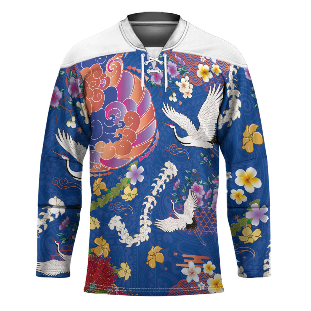 Hawaiian and Japanese Culture Together Hockey Jersey Kakau Tribal Pattern and Irezumi Art Blue Color LT03 Unisex Blue - Polynesian Pride