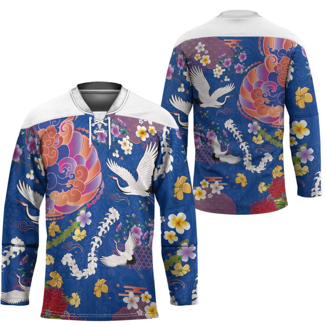 Hawaiian and Japanese Culture Together Hockey Jersey Kakau Tribal Pattern and Irezumi Art Blue Color