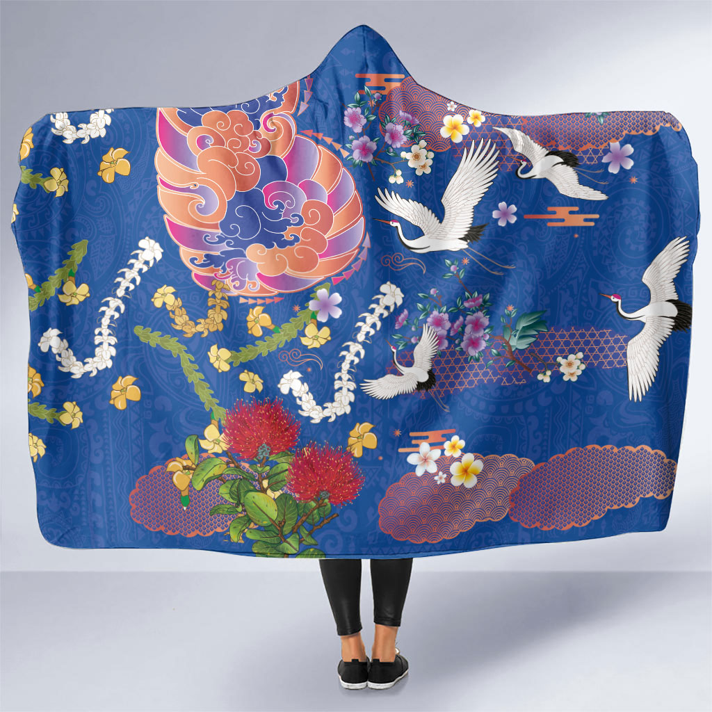 Hawaiian and Japanese Culture Together Hooded Blanket Kakau Tribal Pattern and Irezumi Art Blue Color LT03 One Size Blue - Polynesian Pride