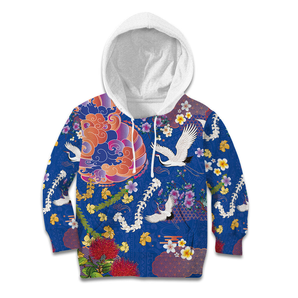 Hawaiian and Japanese Culture Together Kid Hoodie Kakau Tribal Pattern and Irezumi Art Blue Color LT03 Hoodie Blue - Polynesian Pride