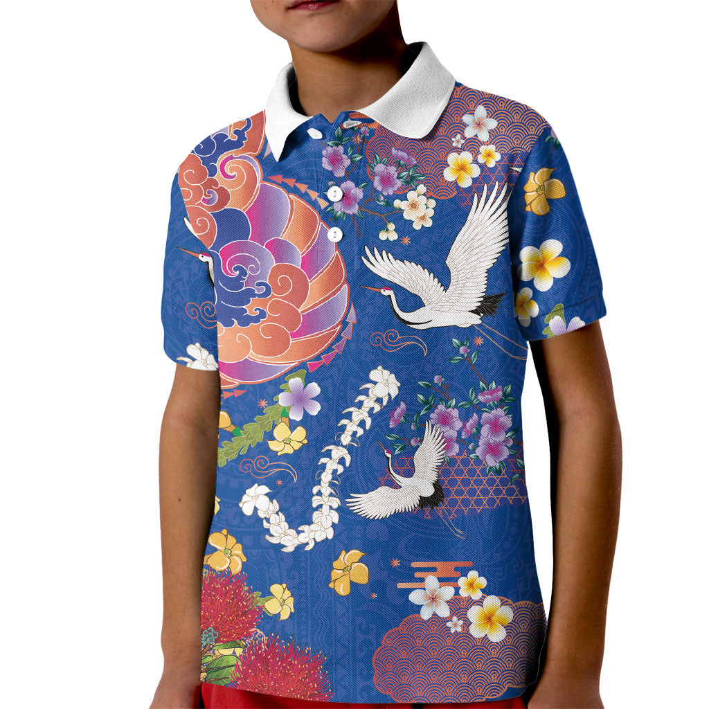 Hawaiian and Japanese Culture Together Kid Polo Shirt Kakau Tribal Pattern and Irezumi Art Blue Color LT03 Kid Blue - Polynesian Pride