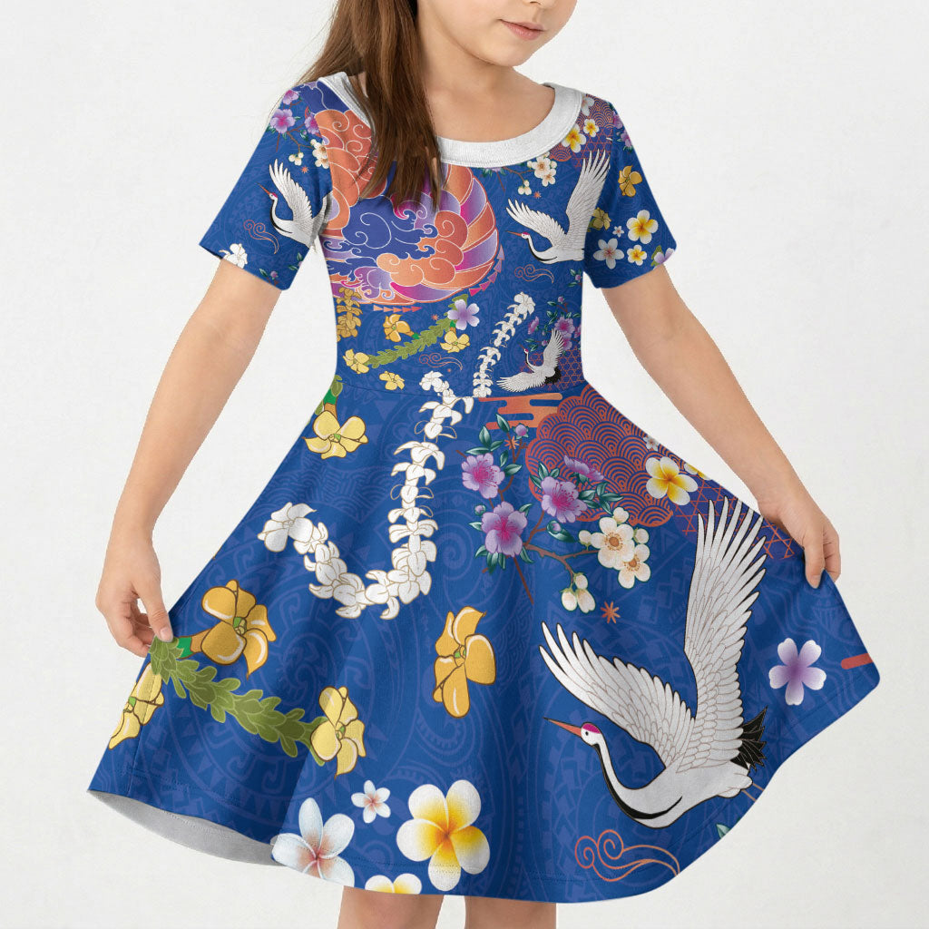 Hawaiian and Japanese Culture Together Kid Short Sleeve Dress Kakau Tribal Pattern and Irezumi Art Blue Color LT03 KID Blue - Polynesian Pride