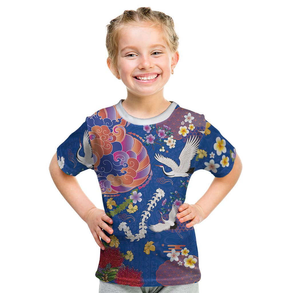 Hawaiian and Japanese Culture Together Kid T Shirt Kakau Tribal Pattern and Irezumi Art Blue Color LT03 Blue - Polynesian Pride
