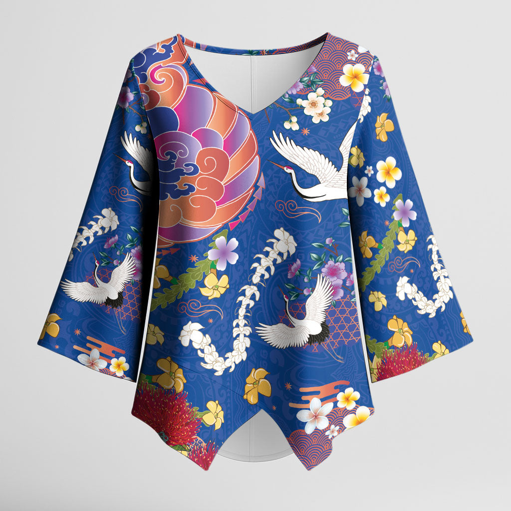 Hawaiian and Japanese Culture Together Kimono Sleeve Blouse Kakau Tribal Pattern and Irezumi Art Blue Color LT03 Female Blue - Polynesian Pride