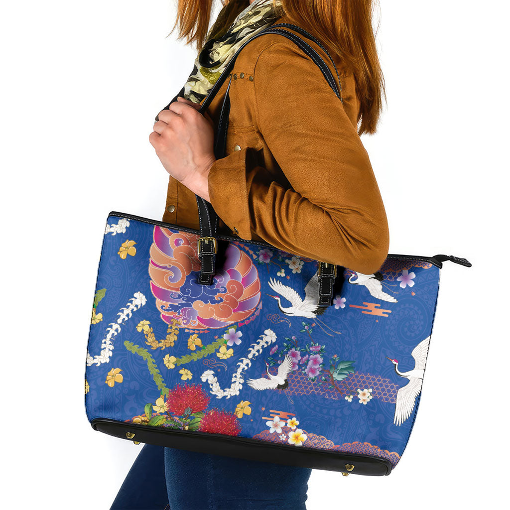 Hawaiian and Japanese Culture Together Leather Tote Bag Kakau Tribal Pattern and Irezumi Art Blue Color LT03 Blue - Polynesian Pride