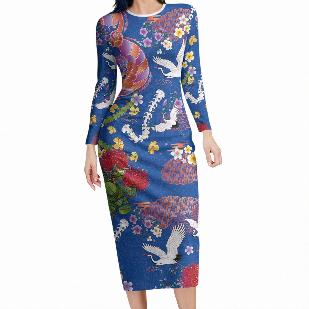 Hawaiian and Japanese Culture Together Long Sleeve Bodycon Dress Kakau Tribal Pattern and Irezumi Art Blue Color LT03 Long Dress Blue - Polynesian Pride