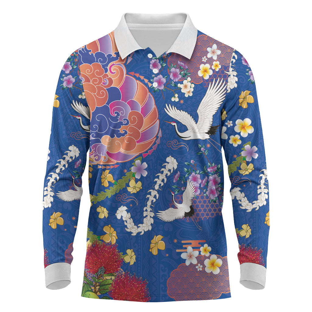 Hawaiian and Japanese Culture Together Long Sleeve Polo Shirt Kakau Tribal Pattern and Irezumi Art Blue Color LT03 Blue - Polynesian Pride