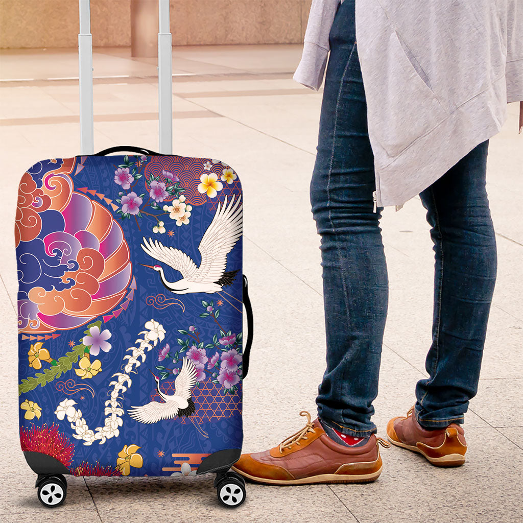 Hawaiian and Japanese Culture Together Luggage Cover Kakau Tribal Pattern and Irezumi Art Blue Color LT03 Blue - Polynesian Pride