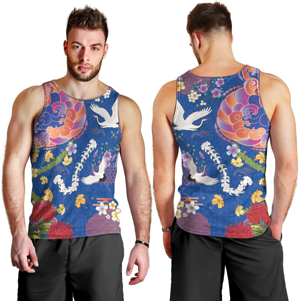 Hawaiian and Japanese Culture Together Men Tank Top Kakau Tribal Pattern and Irezumi Art Blue Color