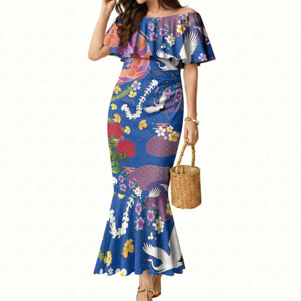 Hawaiian and Japanese Culture Together Mermaid Dress Kakau Tribal Pattern and Irezumi Art Blue Color LT03 Women Blue - Polynesian Pride