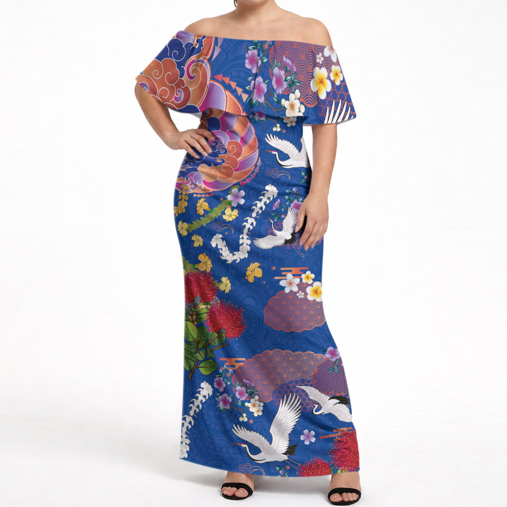 Hawaiian and Japanese Culture Together Off Shoulder Maxi Dress Kakau Tribal Pattern and Irezumi Art Blue Color LT03 Women Blue - Polynesian Pride