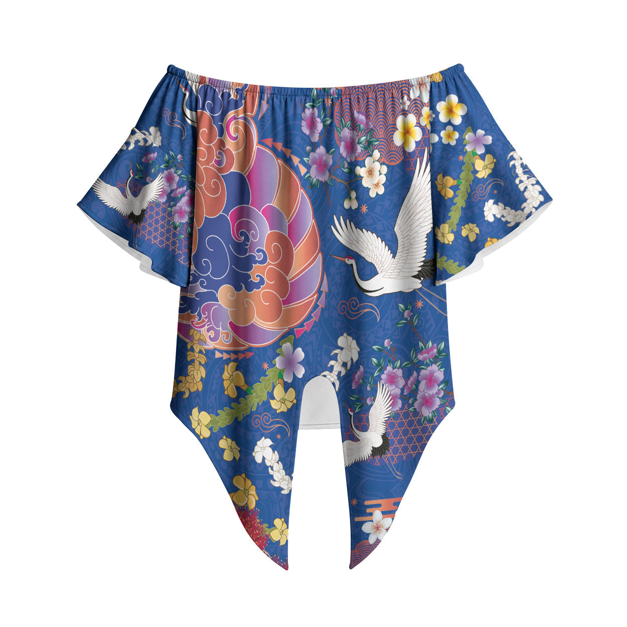 Hawaiian and Japanese Culture Together Off Shoulder Wrap Waist Top Kakau Tribal Pattern and Irezumi Art Blue Color LT03 Blue - Polynesian Pride