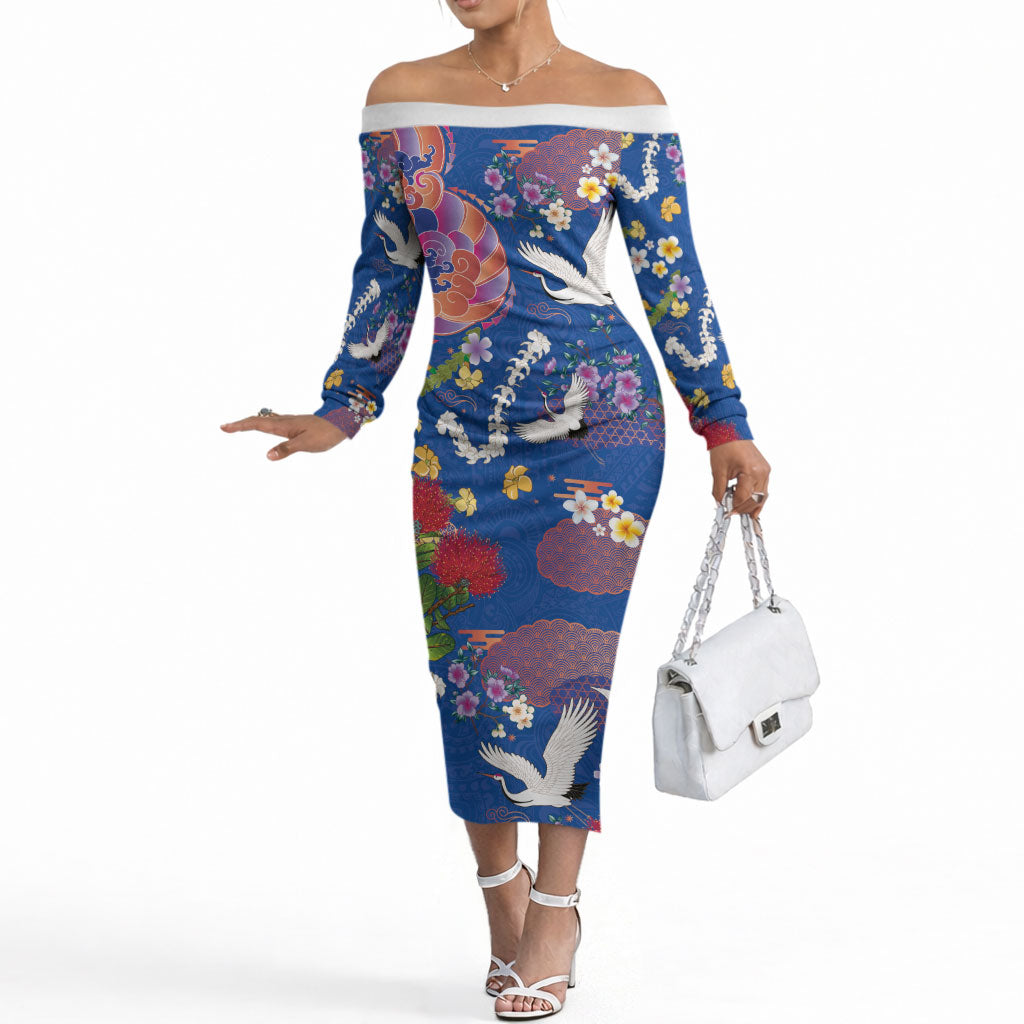 Hawaiian and Japanese Culture Together Off The Shoulder Long Sleeve Dress Kakau Tribal Pattern and Irezumi Art Blue Color LT03 Women Blue - Polynesian Pride