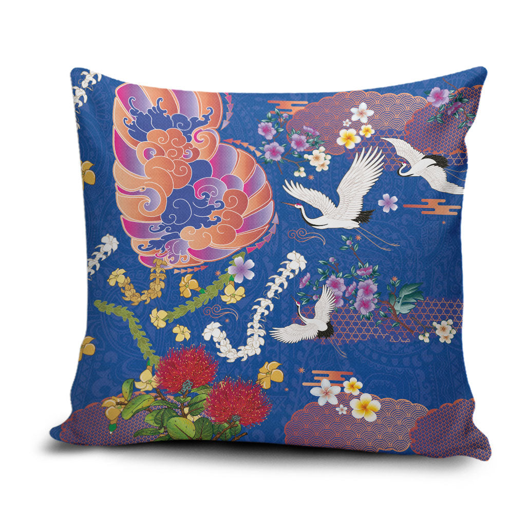 Hawaiian and Japanese Culture Together Pillow Cover Kakau Tribal Pattern and Irezumi Art Blue Color LT03 Blue - Polynesian Pride