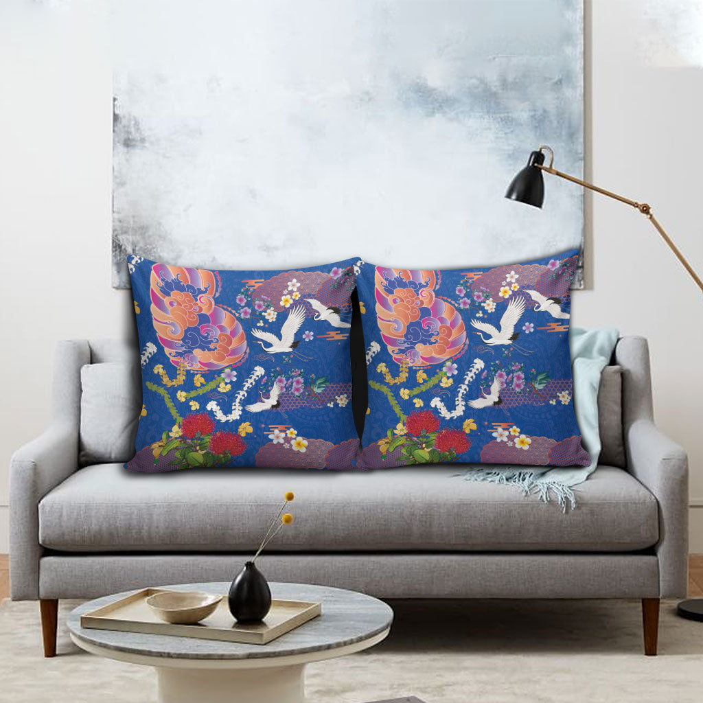 Hawaiian and Japanese Culture Together Pillow Cover Kakau Tribal Pattern and Irezumi Art Blue Color LT03 - Polynesian Pride