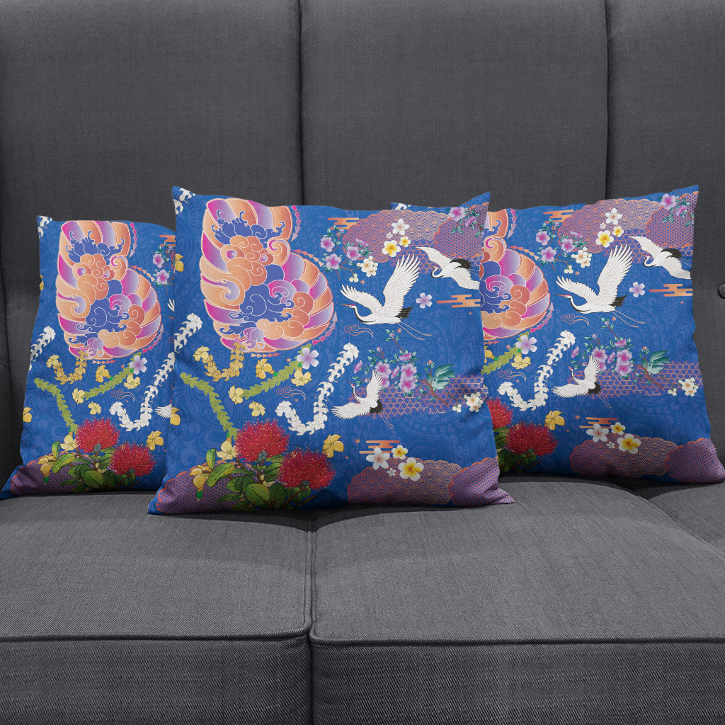 Hawaiian and Japanese Culture Together Pillow Cover Kakau Tribal Pattern and Irezumi Art Blue Color LT03 - Polynesian Pride