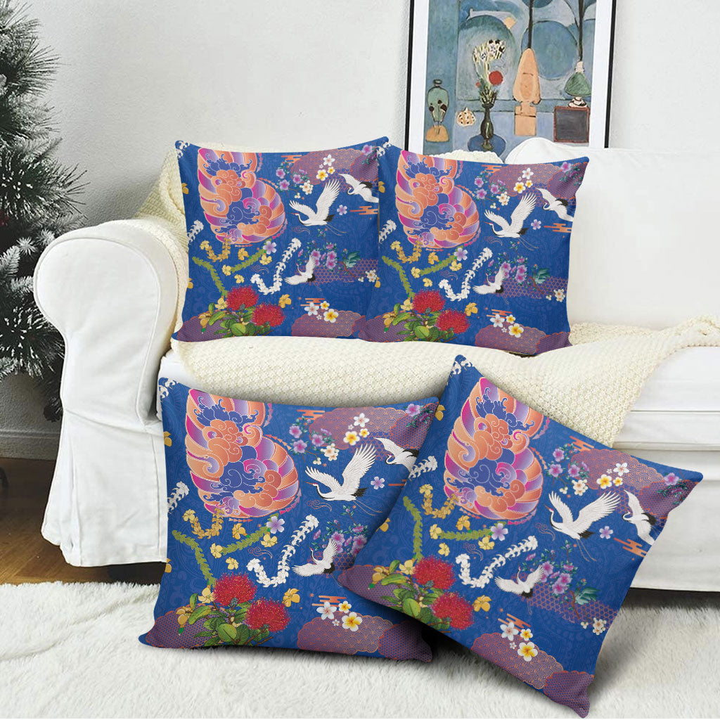 Hawaiian and Japanese Culture Together Pillow Cover Kakau Tribal Pattern and Irezumi Art Blue Color LT03 - Polynesian Pride