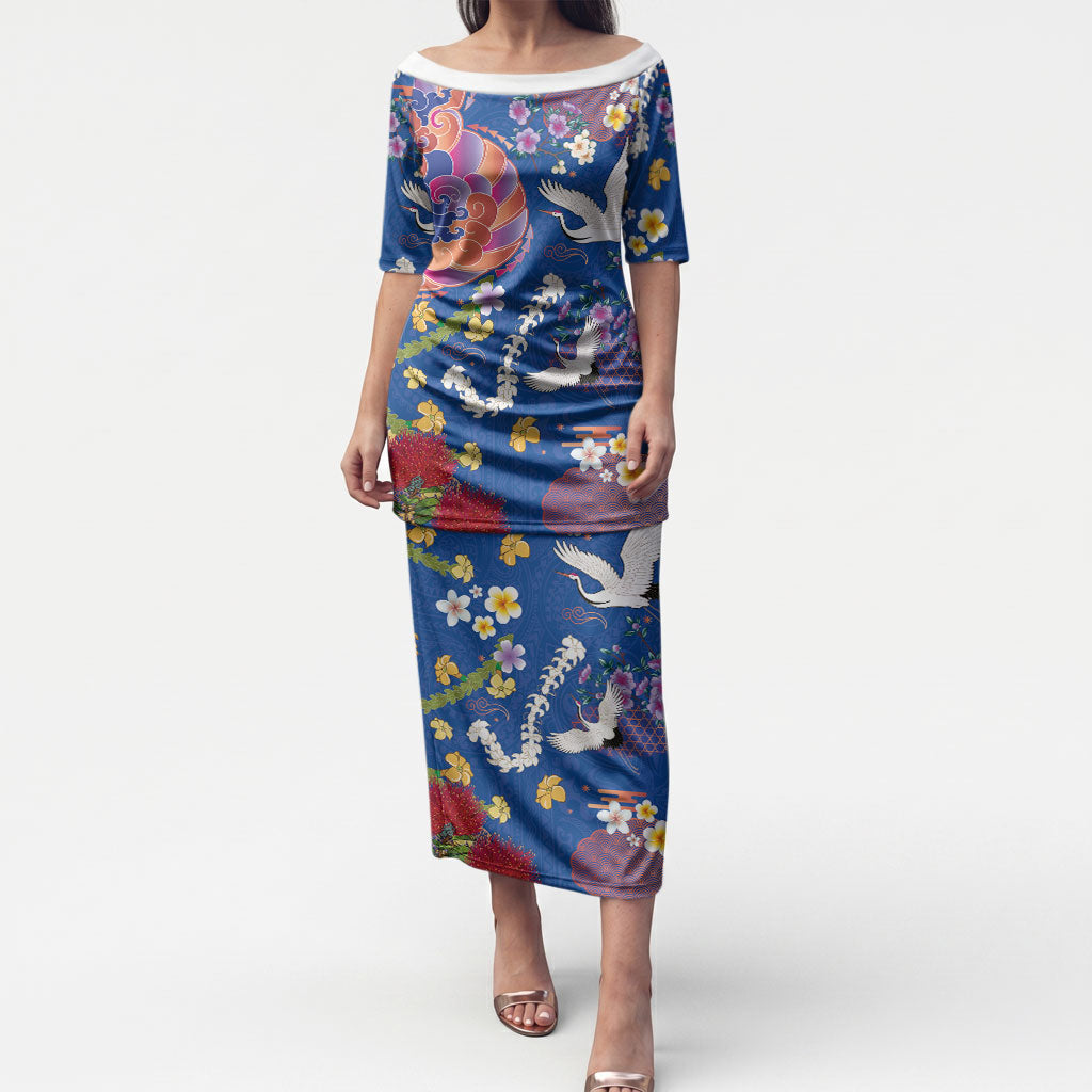 Hawaiian and Japanese Culture Together Puletasi Kakau Tribal Pattern and Irezumi Art Blue Color LT03 Long Dress Blue - Polynesian Pride